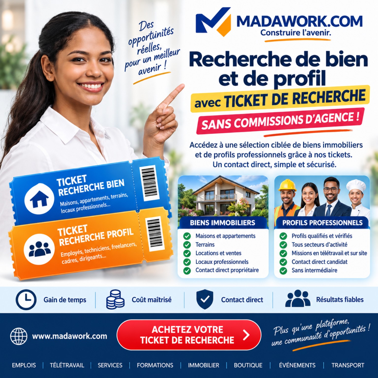 Recherche de bien et de profil avec Ticket de recherche Madawork.com